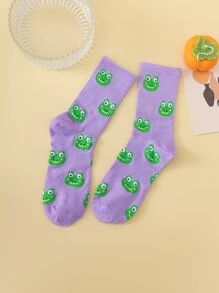 1pair Men Cartoon Frog Graphic Cute Crew Socks For Daily Life - Multicolor - View 3