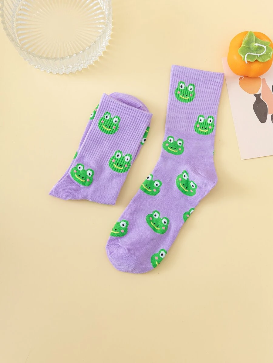 1pair Men Cartoon Frog Graphic Cute Crew Socks For Daily Life - Multicolor - View 1