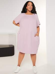 SHEIN CURVE+ Vestido estilo camiseta unicolor de manga raglán - Rosa Pálido - Ver 4