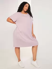 SHEIN CURVE+ Vestido estilo camiseta unicolor de manga raglán - Rosa Pálido - Ver 5