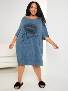 SHEIN CURVE+ 大碼嘴唇和字母圖案睡裙