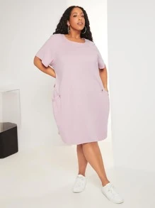 SHEIN CURVE+ Vestido estilo camiseta unicolor de manga raglán - Rosa Pálido - Ver 6