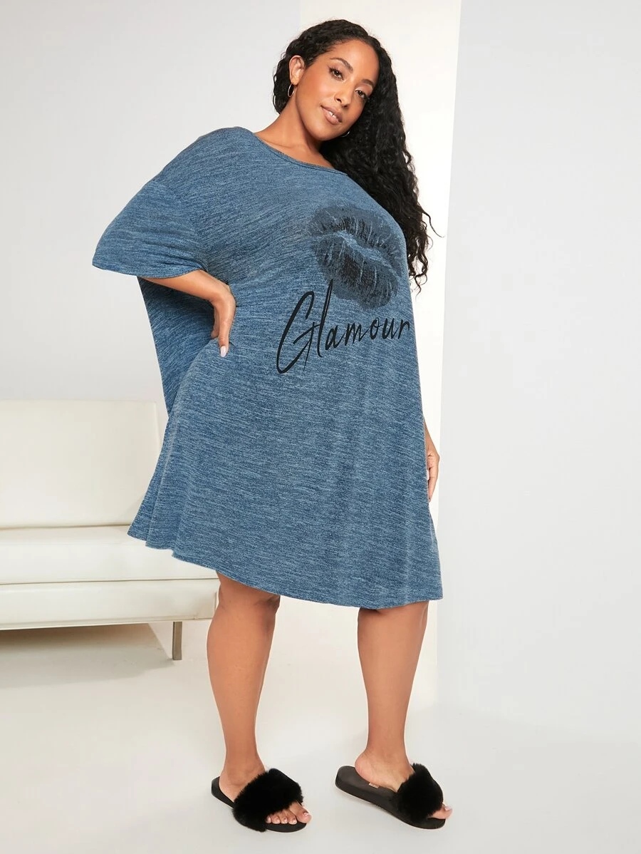 SHEIN CURVE+ 大碼嘴唇和字母圖案睡裙