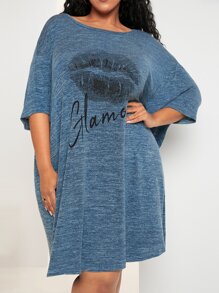 SHEIN CURVE+ 大碼嘴唇和字母圖案睡裙