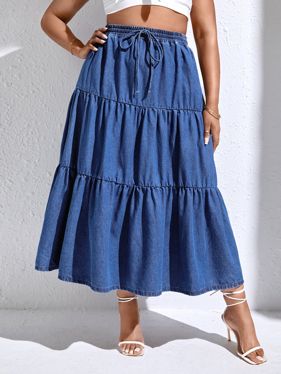 SHEIN VCAY váy ngắn denim kích thước lớn Dây kéo Viên lá sen màu trơn - Rửa trung bình - Xem 1