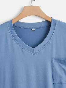 SHEIN LUNE 大碼素色前口袋前短後長弧形下擺T恤 - 藍色 - 查看 4