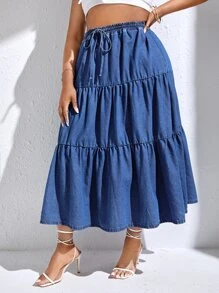 SHEIN VCAY váy ngắn denim kích thước lớn Dây kéo Viên lá sen màu trơn - Rửa trung bình - Xem 3