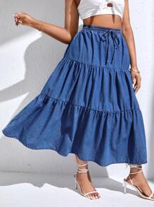 SHEIN VCAY váy ngắn denim kích thước lớn Dây kéo Viên lá sen màu trơn - Rửa trung bình - Xem 4