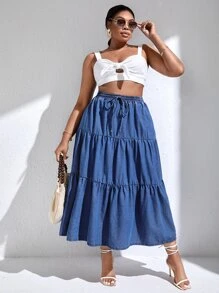 SHEIN VCAY váy ngắn denim kích thước lớn Dây kéo Viên lá sen màu trơn - Rửa trung bình - Xem 5