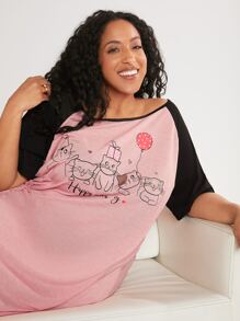 SHEIN CURVE+ 大碼卡通和標語圖案插肩袖睡裙