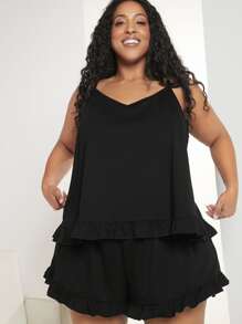 SHEIN CURVE+ Plus Ruffle Hem Cami Top & Shorts PJ Set - Black - View 4