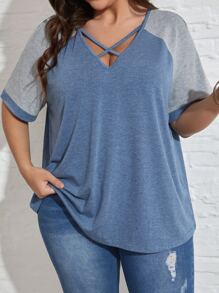 SHEIN LUNE 大碼撞色前交叉插肩袖T恤 - 藍色 - 查看 5