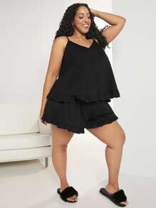 SHEIN CURVE+ Plus Ruffle Hem Cami Top & Shorts PJ Set - Black - View 6