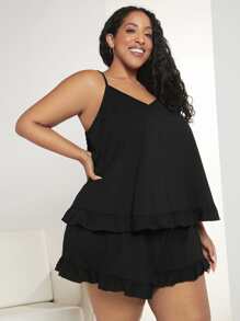 SHEIN CURVE+ Plus Ruffle Hem Cami Top & Shorts PJ Set - Black - View 3