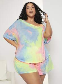 SHEIN CURVE+ Plus Tie Dye Drop Shoulder PJ Set - Multicolor - View 3