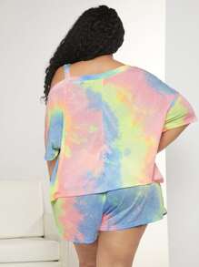SHEIN CURVE+ Plus Tie Dye Drop Shoulder PJ Set - Multicolor - View 4