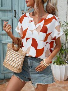 SHEIN Clasi 幾何印花蝙蝠袖缺口領襯衫 - 彩色 - 查看 6