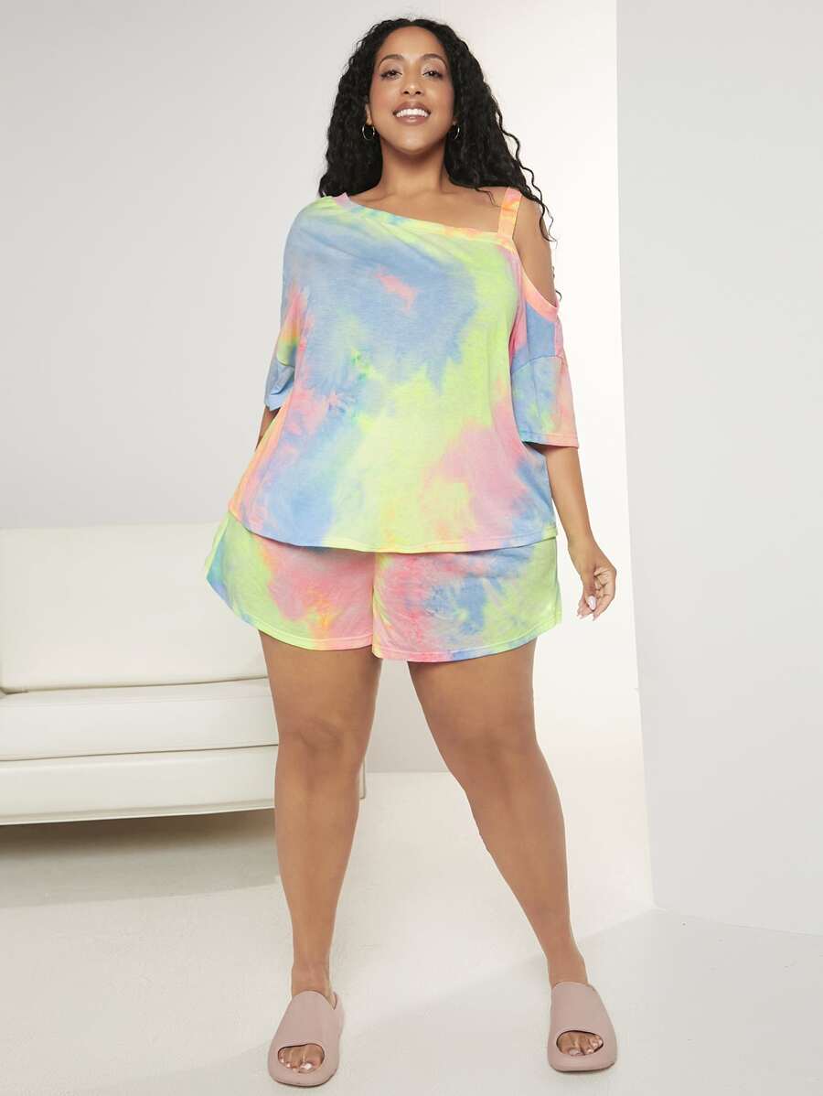 SHEIN CURVE+ Plus Tie Dye Drop Shoulder PJ Set - Multicolor - View 1