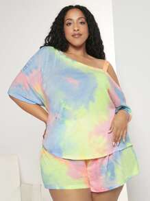 SHEIN CURVE+ Plus Tie Dye Drop Shoulder PJ Set - Multicolor - View 5