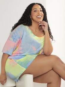 SHEIN CURVE+ Plus Tie Dye Drop Shoulder PJ Set - Multicolor - View 6