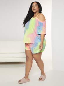 SHEIN CURVE+ Plus Tie Dye Drop Shoulder PJ Set - Multicolor - View 7