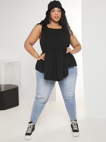 SHEIN CURVE+ 大碼素色荷葉邊下擺襯衫 - 黑色 - 查看 5