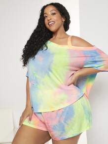 SHEIN CURVE+ Plus Tie Dye Drop Shoulder PJ Set - Multicolor - View 2