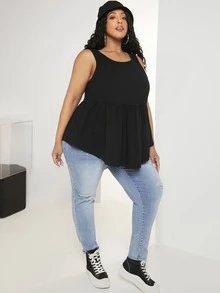 SHEIN CURVE+ 大碼素色荷葉邊下擺襯衫 - 黑色 - 查看 7