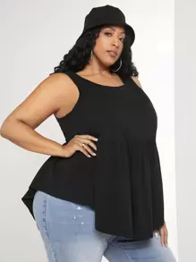 SHEIN CURVE+ 大碼素色荷葉邊下擺襯衫 - 黑色 - 查看 1