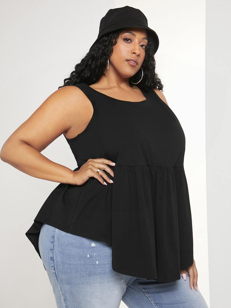 SHEIN CURVE+ 大碼素色荷葉邊下擺襯衫 - 黑色 - 查看 1