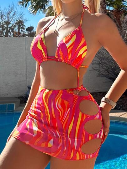 Summer Beach Allover Print Triangle Bikini Set With Cover Up Set