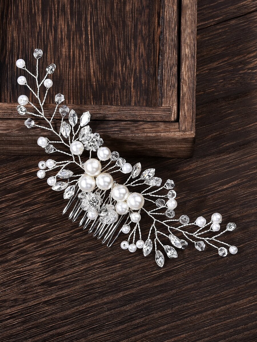 Bead & Faux Pearl Decor Wedding Hair Pin Elegant - White - View 1