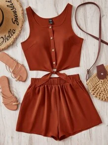 Soleia Button Front Knot Hem Tank Top & Shorts - Rust Brown - View 1