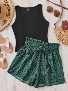SHEIN LUNE Solid Tank Top & Dalmatian Print Paperbag Waist Belted Shorts