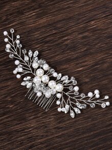 Bead & Faux Pearl Decor Wedding Hair Pin Elegant - White - View 2