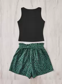 SHEIN LUNE Solid Tank Top & Dalmatian Print Paperbag Waist Belted Shorts