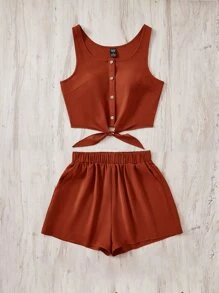Soleia Button Front Knot Hem Tank Top & Shorts - Rust Brown - View 3