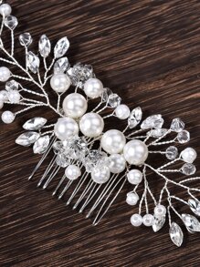 Bead & Faux Pearl Decor Wedding Hair Pin Elegant - White - View 4