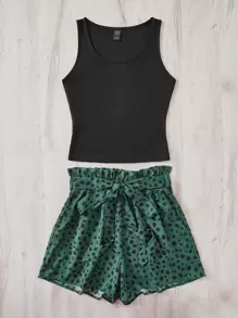 SHEIN LUNE Solid Tank Top & Dalmatian Print Paperbag Waist Belted Shorts