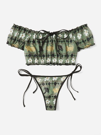 Set lingerie con grafica fumetto con volant con lacci laterali