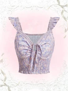 碎花荷葉邊前繫帶打褶上衣 - 彩色 - 查看 1