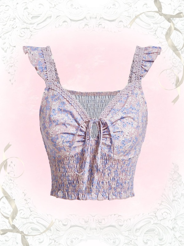 碎花荷葉邊前繫帶打褶上衣