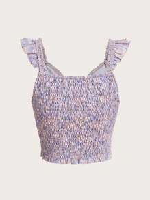 碎花荷葉邊前繫帶打褶上衣 - 彩色 - 查看 2