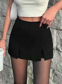 EURMUSE Solid Split Hem Skort - màu đen - Xem 1