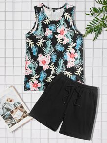 Manfinity RebelGame Men Tropical Print Tank Top & Drawstring Waist Shorts - Multicolor - View 1
