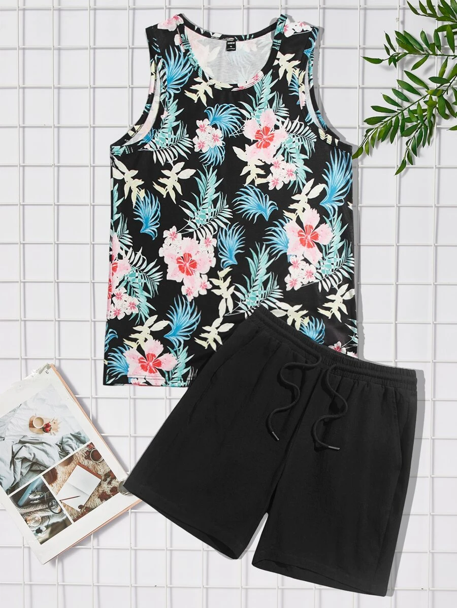 Manfinity RebelGame Men Tropical Print Tank Top & Drawstring Waist Shorts - Multicolor - View 1
