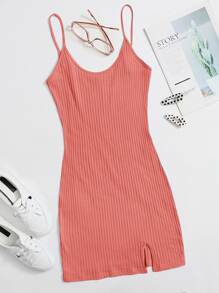 SHEIN Qutie Ribbed Slit Cami Mini Bodycon Dress - Coral Pink - View 1