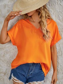 SHEIN VCAY 蝙蝠袖V領襯衫 - 橘色 - 查看 2