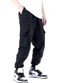 Manfinity Men Flap Pocket Side Drawstring Waist Cargo Pants - Black - View 3