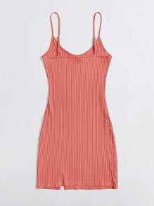 SHEIN Qutie Ribbed Slit Cami Mini Bodycon Dress - Coral Pink - View 2